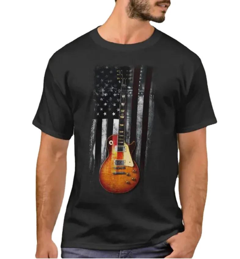 Vintage Retro Rock American Flag Guitar T-Shirt. Summer Cotton Short Sleeve O-Neck Mens T Shirt