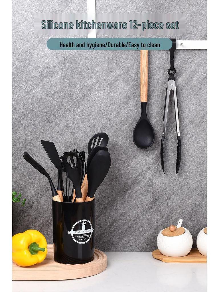 12-Piece Silicone Kitchen Tool Set: High-Temp Resistant Non-Stick Utensils with Wooden Handles, Includes Spatulas and Soup Ladle