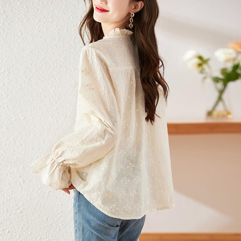 Apricot Embroidered Women's Long Sleeve Cotton Shirt with Lace Collar for Spring & Autumn 2025