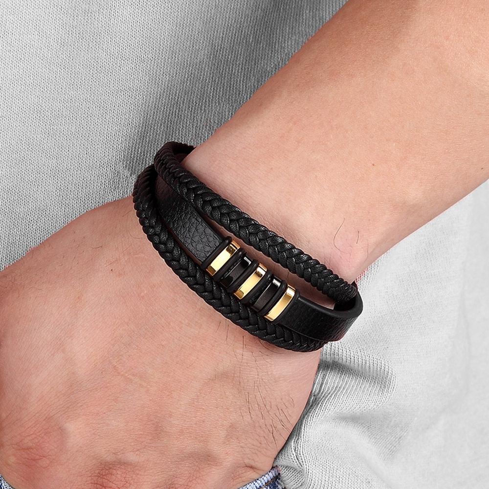 Fashion 3 Layers Black Punk Style Design Leather Bracelet for Men Stainless Steel Magnetic Button Birthday Gift Male Bracelets