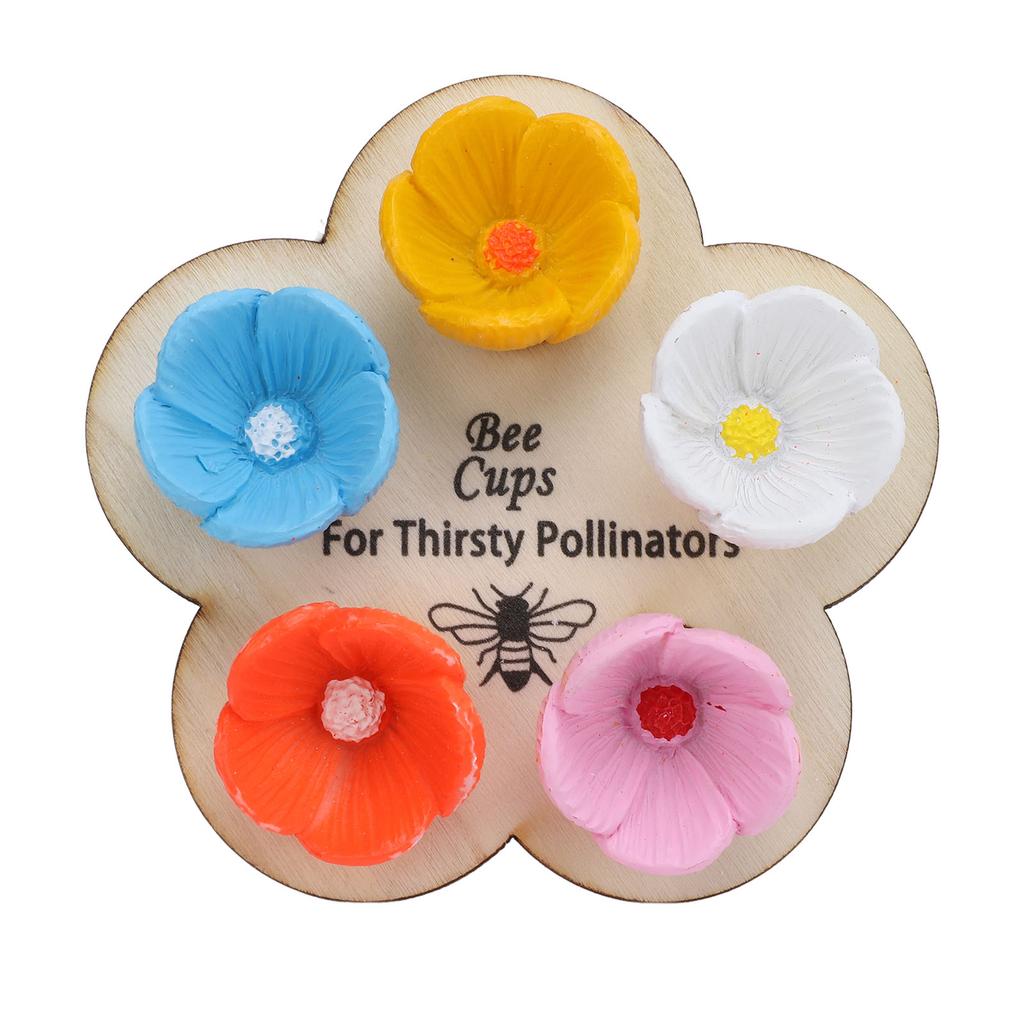 5PCS Bees Drinking Cup for Garden Resin Colorful Pollinator Bee Watering Station with Wooden Stand
