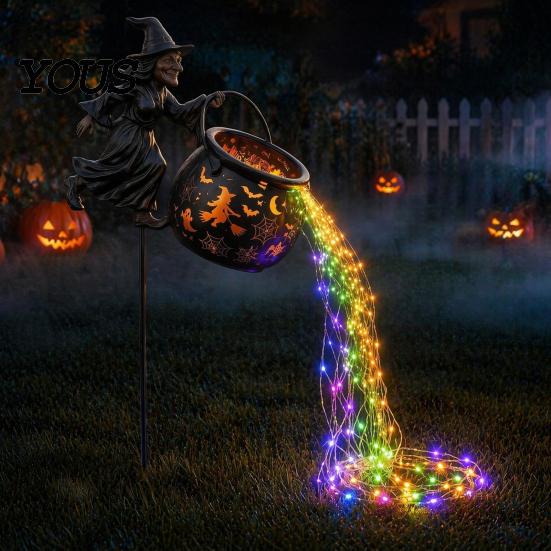 Osvětlená venkovní sezónní dekorace Halloweenský kotel čarodějnice Zahradní světlo, Kovový kůl na zahradu s LED řetězem Ozdoba na květináč Světla, Vodotěsná socha pro