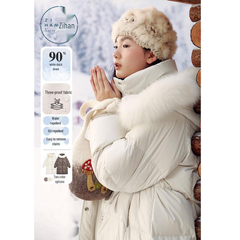 ZIHAN Women s Hooded Mid-Length Duck Down Jacket with Fur Collar L