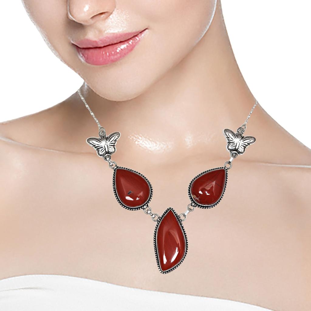 Czerwony Jaspis Kamień Szlachetny Dzień Matki Ręcznie robiona Srebrna Biżuteria Naszyjnik 20 cali