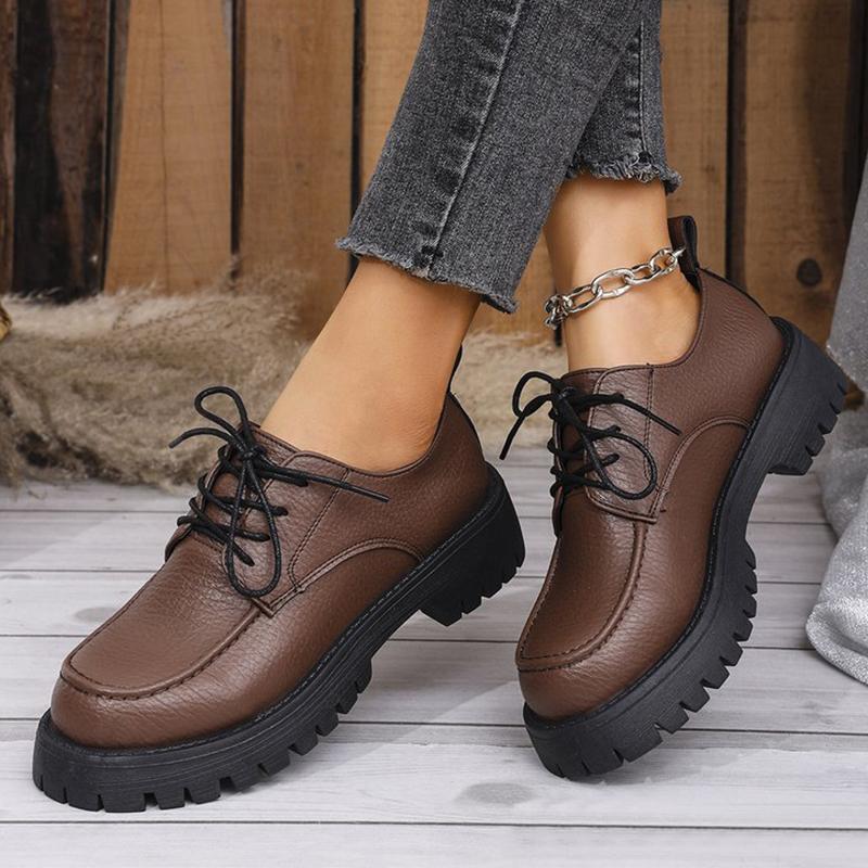 Fashion Black Brown Pu Leather Loafers Shoes for Women Plus Size Platform Casual Shoes Woman Classic Lace Up Wear Resistant Shoes Ladies