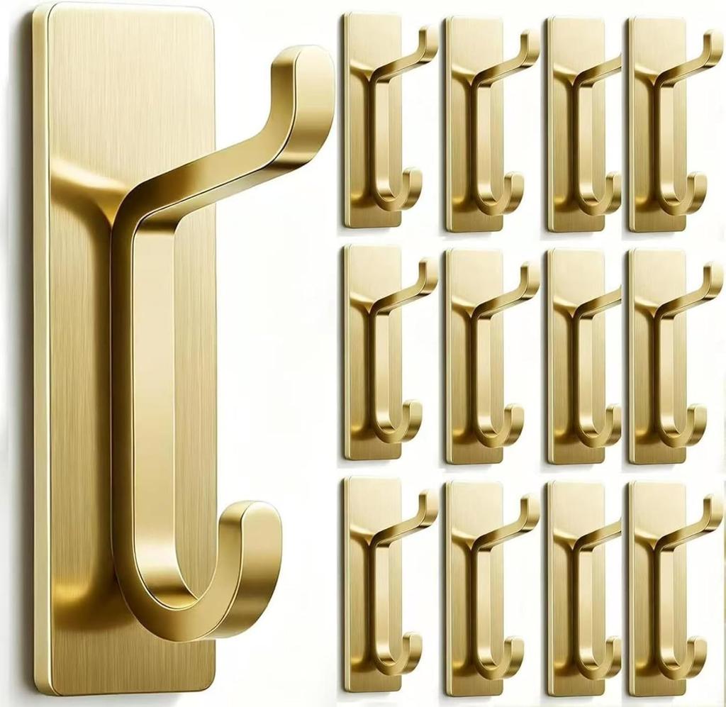 Heavy Duty Self Adhesive Wall Hooks 13LB Waterproof Brushed Aluminum Towel Coat Hooks 12 Pack