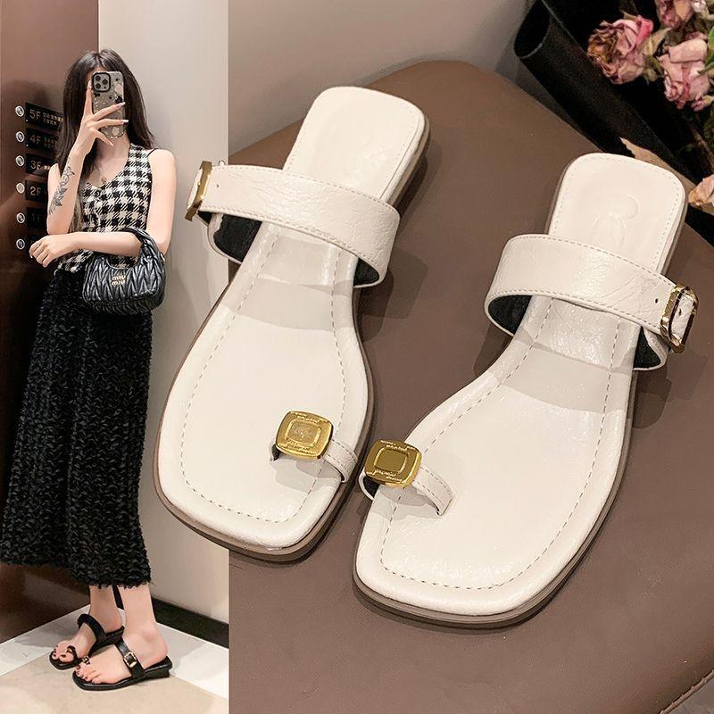 2025 new summer one-word with set toes simple sandals for women's popular fashion wear versatile low-heeled cool slippers for women
