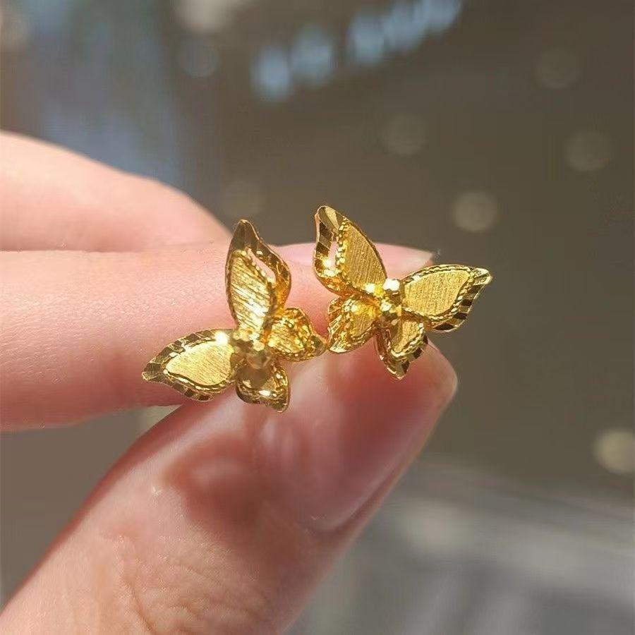 New Chinese-style Mirror Flower Butterfly Dream Flash Double-layer Butterfly Stud Earrings Women's Gold Exquisite Small Earrings Temperament Earrings