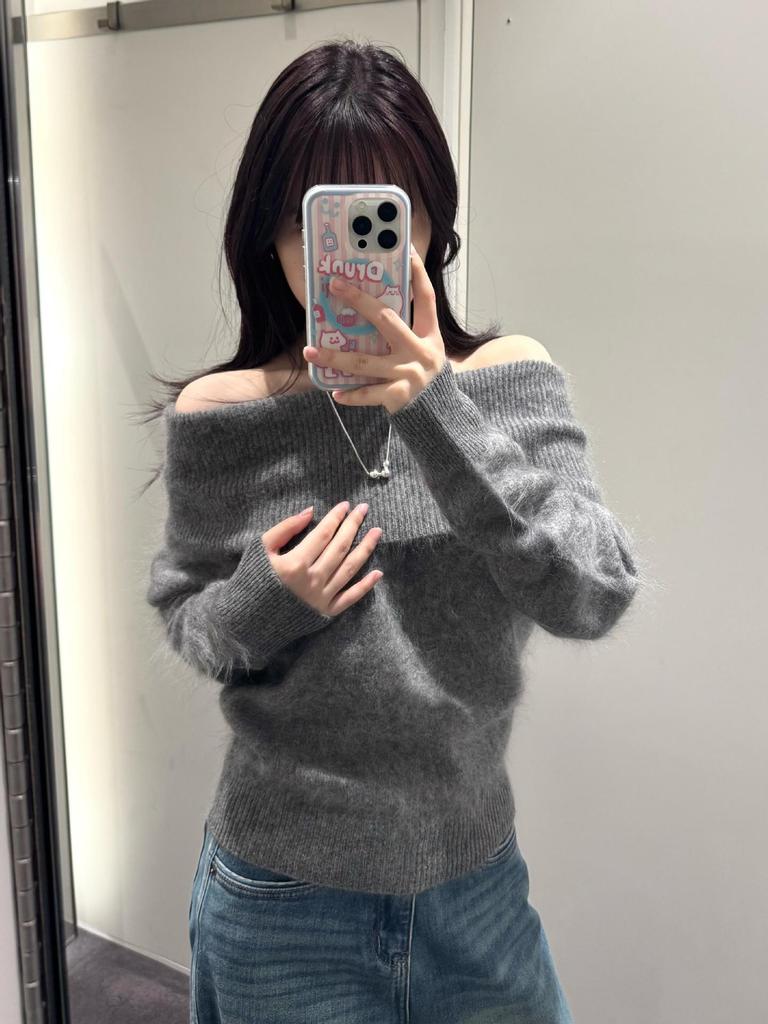 Women's One-Shoulder Knit Pullover Sweater: Off-Shoulder, Long Sleeve, Soft & Brushed - Autumn/Winter Collection