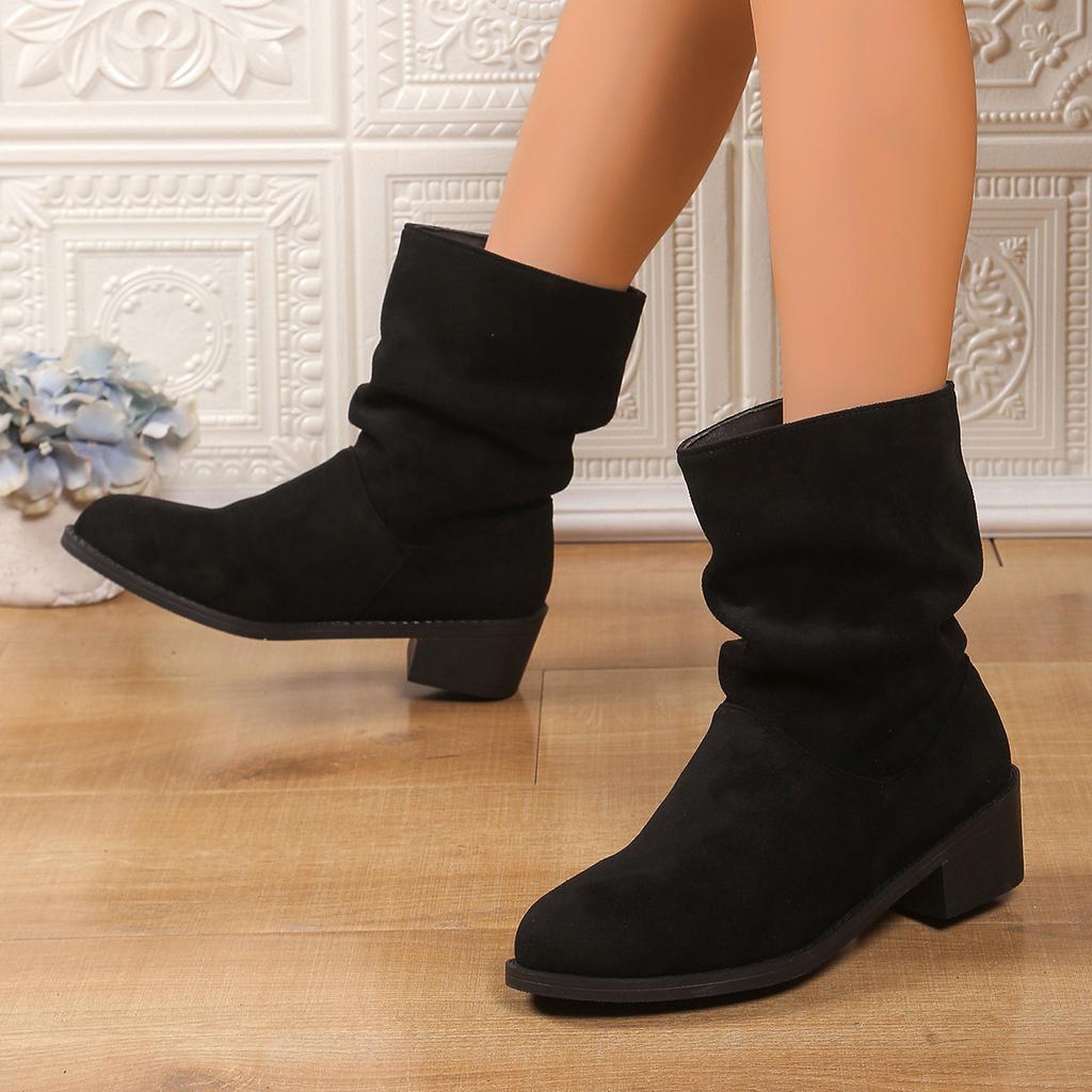 Pile boots women's pleated knight boots 2025 new autumn and winter plush thick heel fashion boots thin boots women