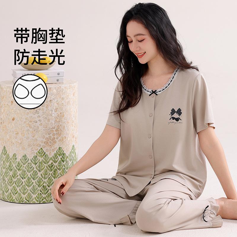 Class A antibacterial women's new modal pajamas with chest pads summer short-sleeved trousers loose casual thin loungewear
