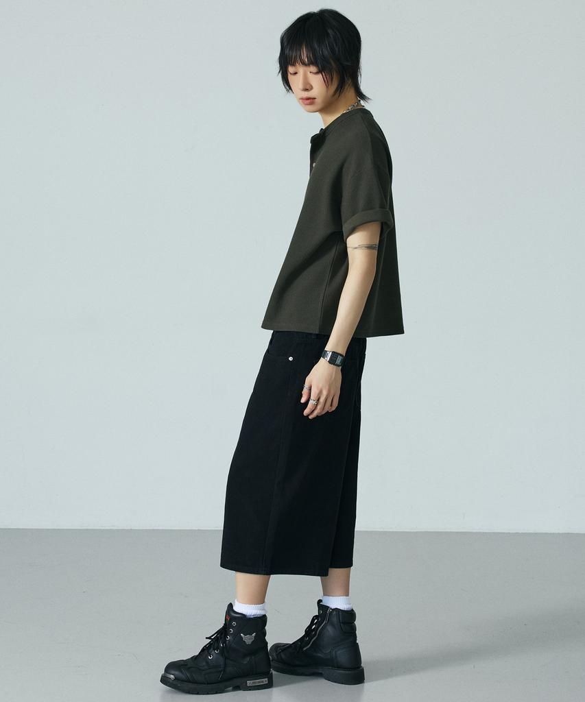 LXT Waffle Henley Neck Crop Short Sleeve T-Shirt [Khaki]