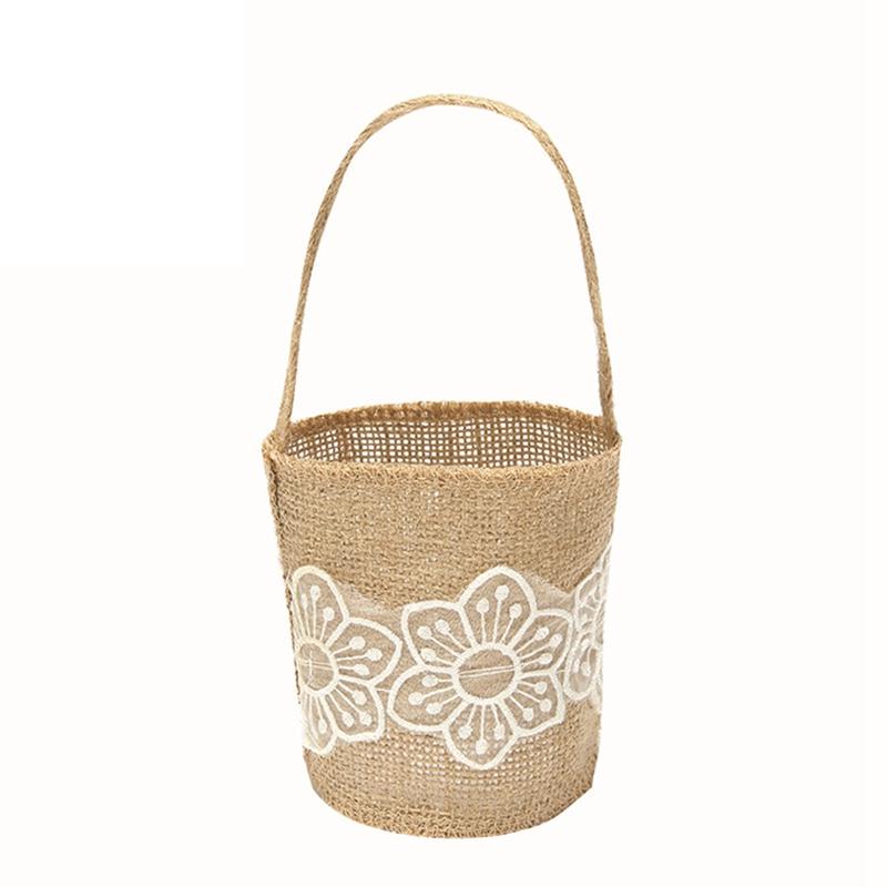 Wedding Lace Burlap Flower Basket Linen Handle Vintage Rustic Wedding Ceremony Table Decoration Baby Shower Party Candy Gift Bag