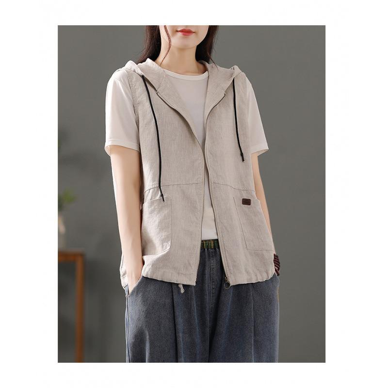 Women S Casual Linen Blend Hooded Sleeveless Zip Up Vest