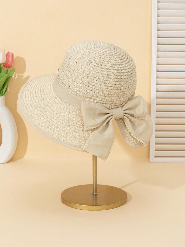 Fashion Straw Hat, Sun Hat, Casual Bowknot Decor Hat For Women,UV Protection,Suitable For Outdoor,Beach,Lightweight And Stylish
