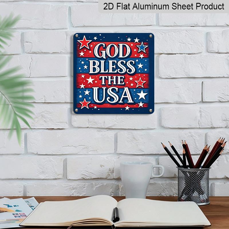 2D Flat 1pc Patriotic "God Bless The USA" Aluminum Plaque, Weatherproof Hanging Metal Sign with Stars, Rustic Americana Wall Decor for Home Porch