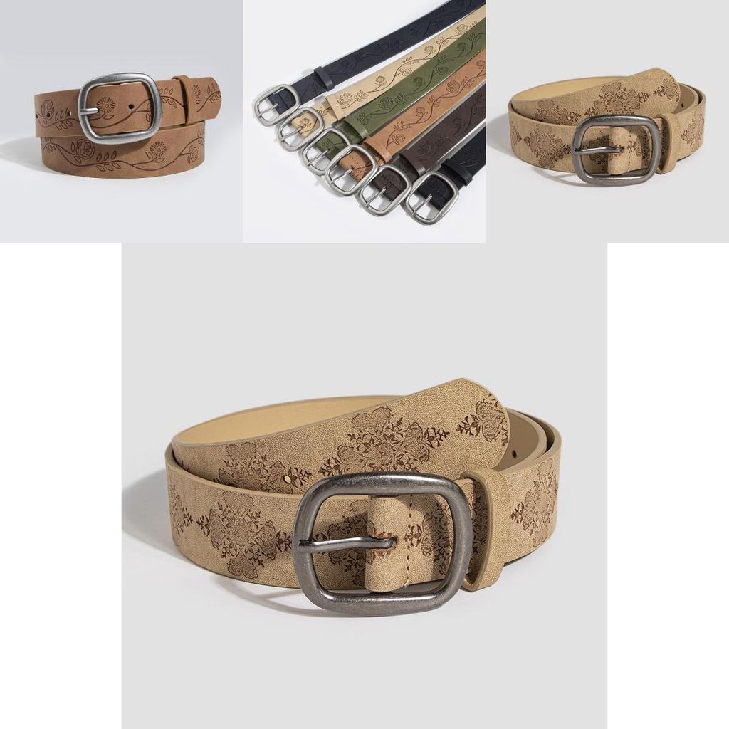 Old Style Embossed Faux Leather Waist Belt With Pin Buckle For Vintage Fashion