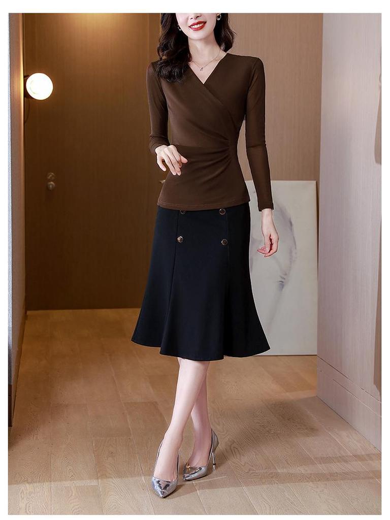 Solid Color Mesh V-neck Long Sleeve T-shirt for Women - Trendy Autumn Mom Base Layer Top