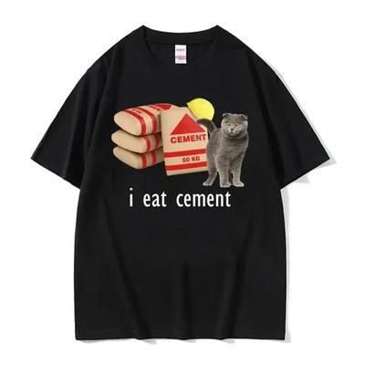 I Eat Cement Cursed Cat Funny Meme T Shirt Women's Fashion Humor Short Sleeve T Shirts Male High Quality Tops