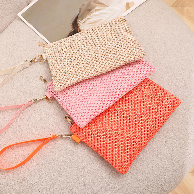 Fashion Straw Woven Bag For Women Hollow Out Beach Handbag With Wrist Strap Portable Phone Purse Solid Color Simple Cash Bag Summer Accessory