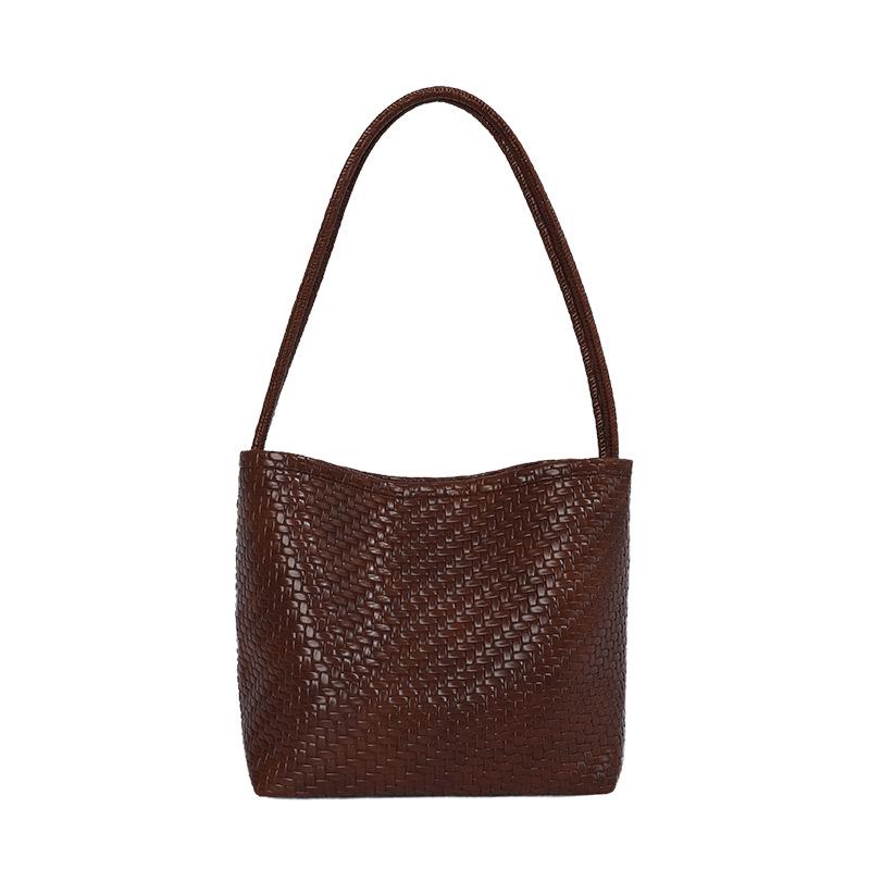 Damen gewebte PU-Eimertasche Minimalistische Umhänge-Handtasche für den täglichen lässigen Einkauf