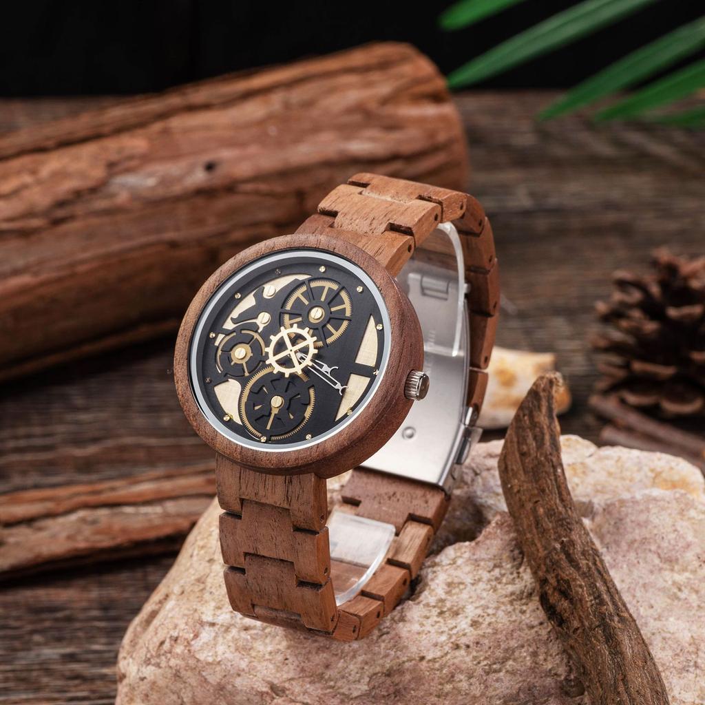 Nové pánské dřevěné quartzové hodinky Ebenové dřevo Personalizovaný ciferník s ozubenými koly Dřevěné hodinky