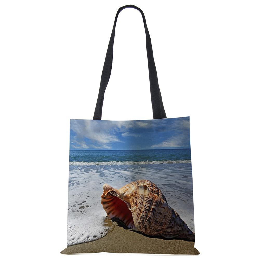 Ladies Shoulder Bag Blue Ocean Starfish Beach Sand Prints Tote Bag Linen Fabric Beautiful Casual Practical Handbag Casually