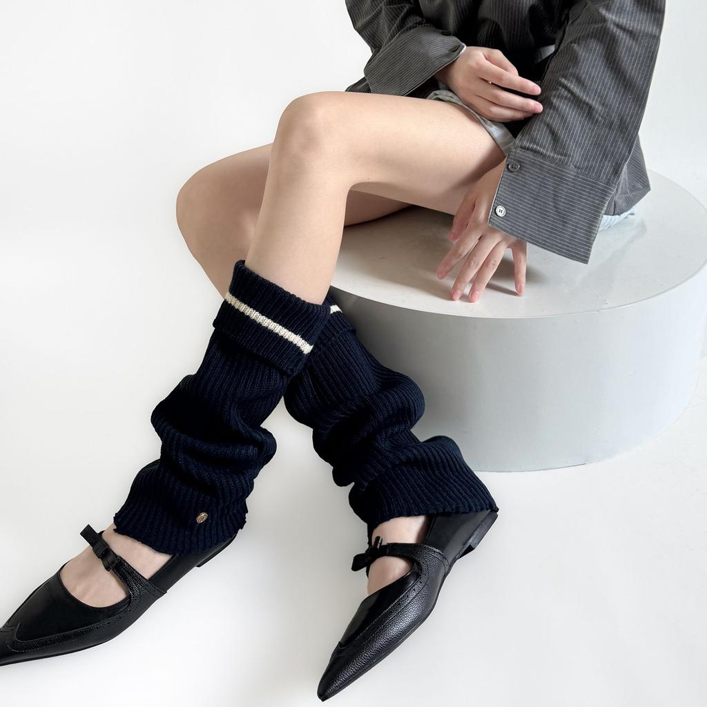 Metal Buckle Design Cuffed Loose Slouchy Leg Warmers for Women Autumn Winter Warm Striped Preppy Style