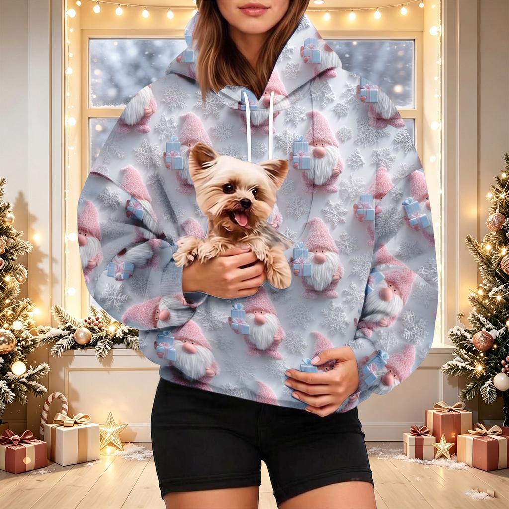 Women's Christmas Print Pet Pocket Hoodie, Fashion Hooded Sweatshirt for Holiday