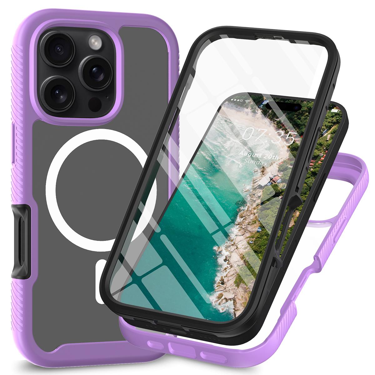 

For iPhone 16 Pro Magnetic Case PC+TPU Phone Cover with PET Screen Film All-Around Protection Purple