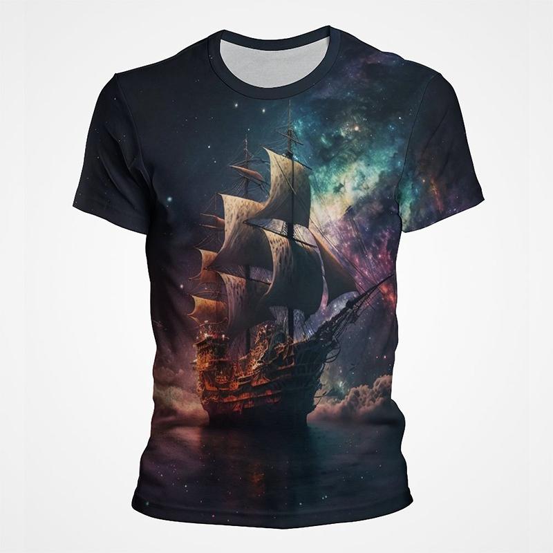Segelboot Piratenschiff Grafik T-Shirts Herren 3D-Druck Kurzarm Tee Tops Lässig Herren Übergröße Streetwear T-Shirt Ropa Hombre