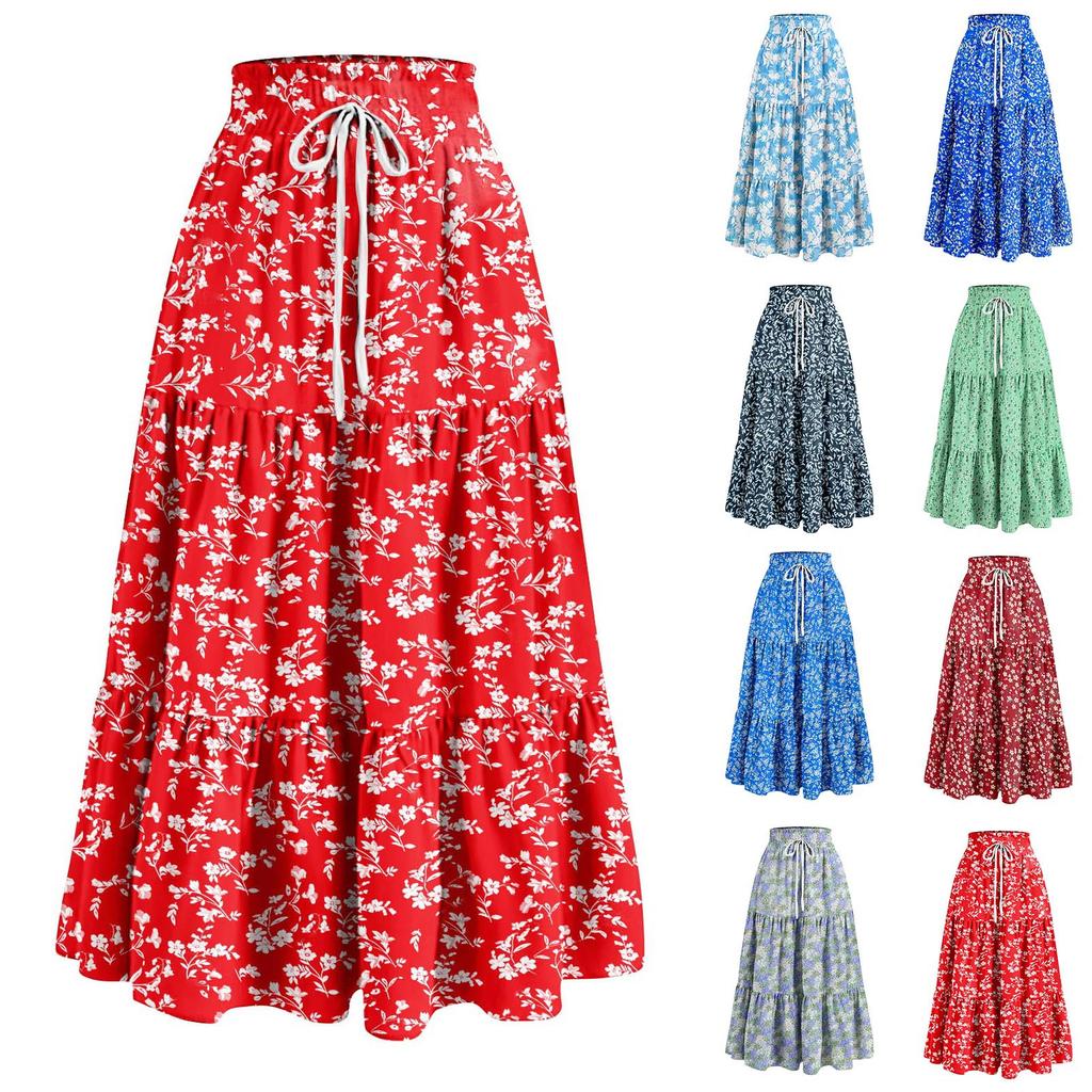 Kvinners Ruffled Spring Uformelt langt skjørt Ensfarget skjørt Retro plissert skjørt