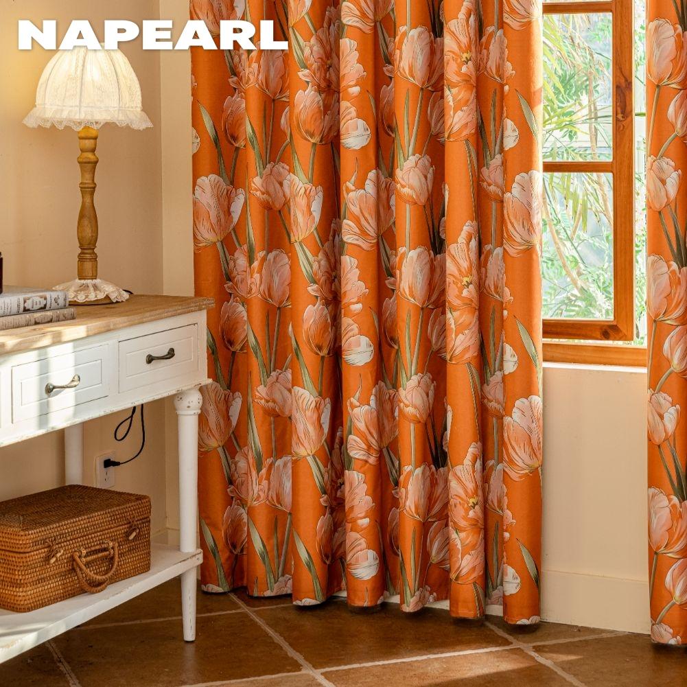 1PC NAPEARL European Style Orange Tulip Printed Curtains Fully Blackout Curtain for Bedroom Living Room Balcony Window for Home Decor