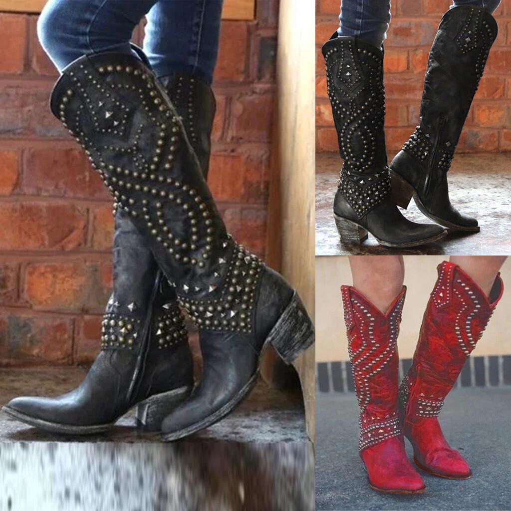 Ebay Autumn and Winter Rivet Boots Thick Heel Medium Heel Rivet Tall Boots Large Size Knight Boots