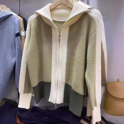 Contrasting Color Splicing Lapel Sweater Jacket Cardigan Women's New Design Double-ended Zipper Knitted Sweater Tide