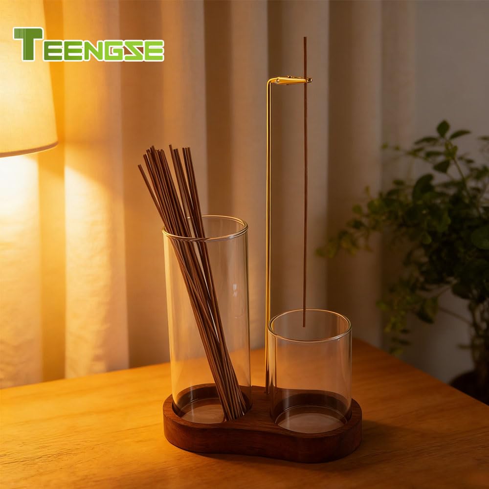 TEENGSE Figure 8 Sapele Wood Glass Tube Incense Holder Ash Catcher for Sticks Up To 28 Cm