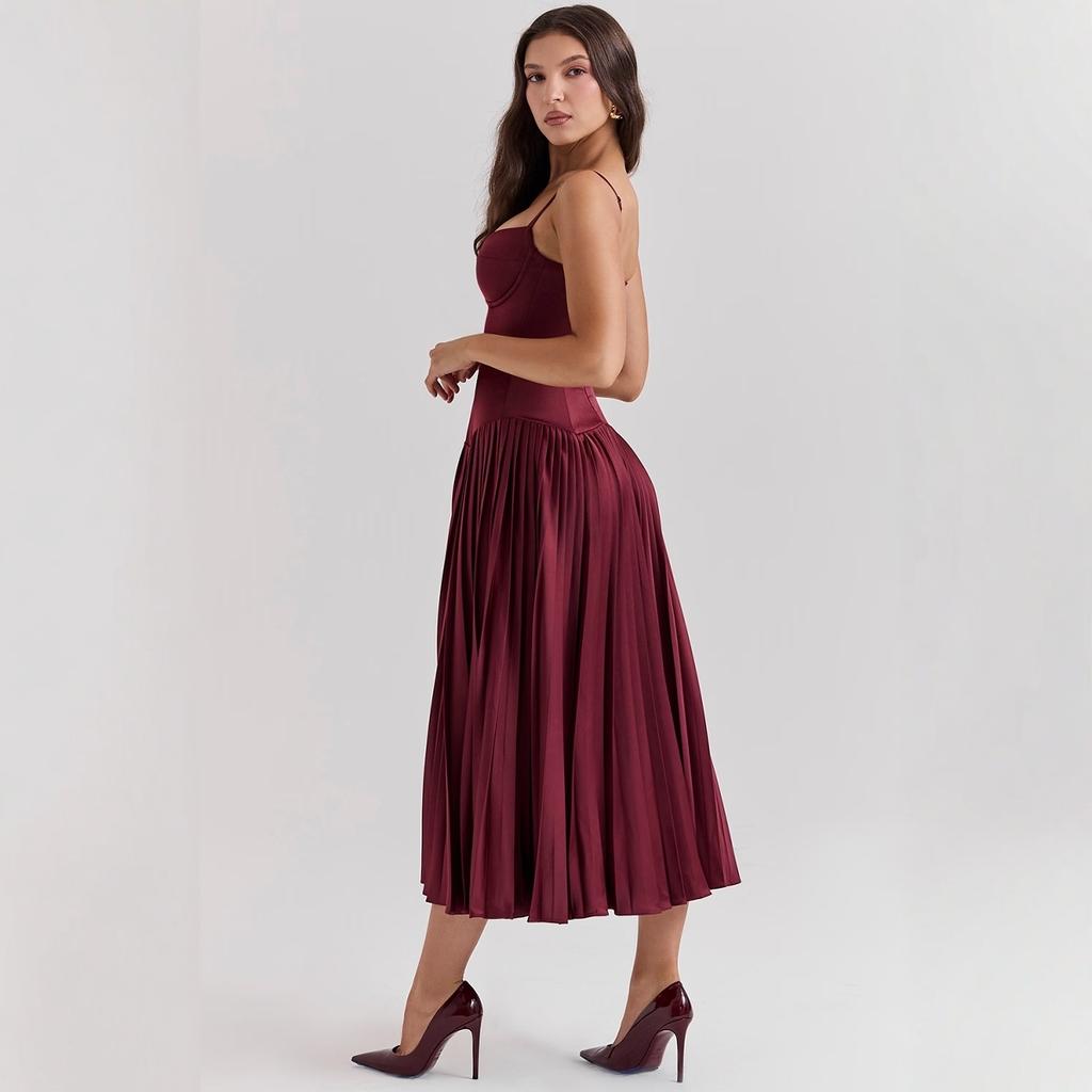 European and American Sexy Women's Clothing New Suspender Sleeveless Slim Dress Pleated Skirt Long Dress