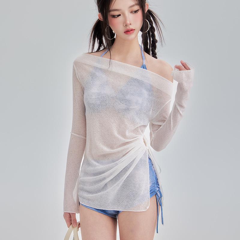 

Женский купальный костюм-тройка: Принтованная блузка, Деним, Скрывающая живот для стройного силуэта, Консервативный стиль для горячих источников, Маленький бюст, Чистая элегантность. L (105-118 lbs)