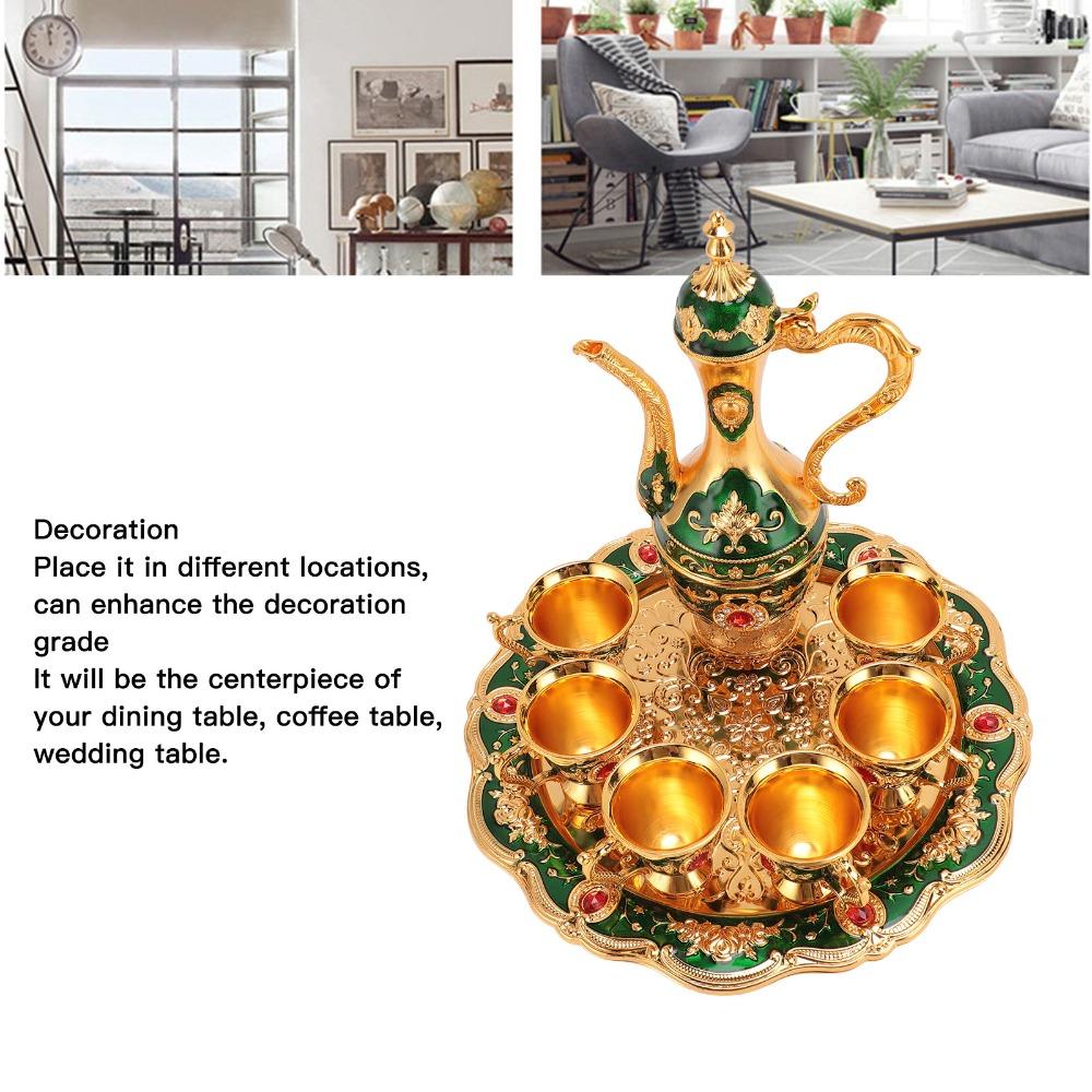8PCS Zinc Alloy Wine Pot Kit Gold Green Turkish Tea Set Tea Sets Coffee Pot Set  Home Party Decor