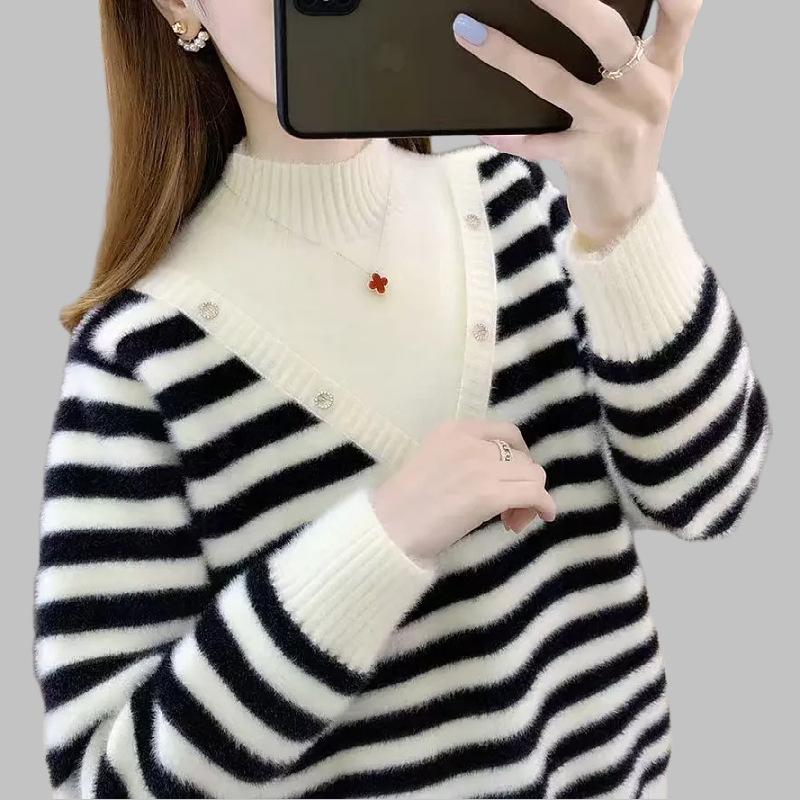 

Autumn and winter imitation mink semi-turtleneck velvet thickened thermal pullover sweater schoolgirl loose striped bottoming shirt One size