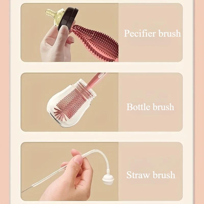 Zestaw 3 w 1 Silikonowych Szczotek do Butelek ze Szczotką do Słomek, Szczoteczką do Smoczków, Szczotką do Czyszczenia Butelek, Zestaw do Czyszczenia, Długi Uchwyt, Wielofunkcyjny