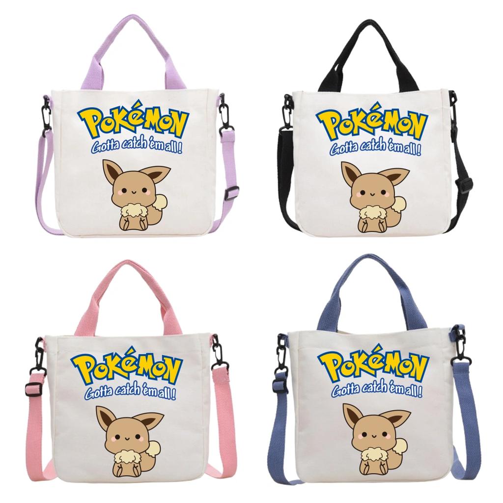 Pokemon Canvas Crossbody Bag Pikachu Cartoon Pattern Print Handbag Fashion Portable Large Capacity Travel Shopping Storage Kid Friendly Entertaining
