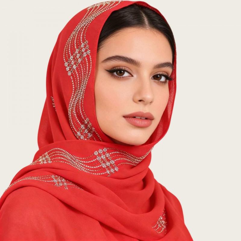 Elegant Solid Pearl Chiffon Scarf With Starry Rhinestone Embellishment Lightweight Wrap Women All Season Fashion Accessory C1 Red