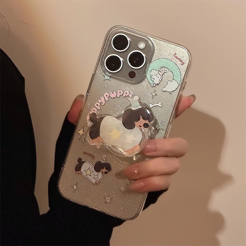 Japanese and Korean Ins Butterfly Dachshund Dog Stand Apple 16 Mobile Phone Case 15 Flash Powder Iphone14pro Max Suitable for 11