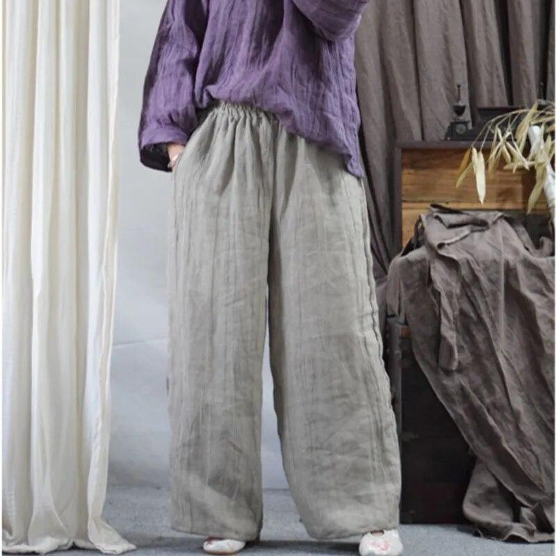 Johnature Fashion Linen Long Sleeves Vintage Solid Color Pants Autumn Woman Casual Retro Vintage Pants