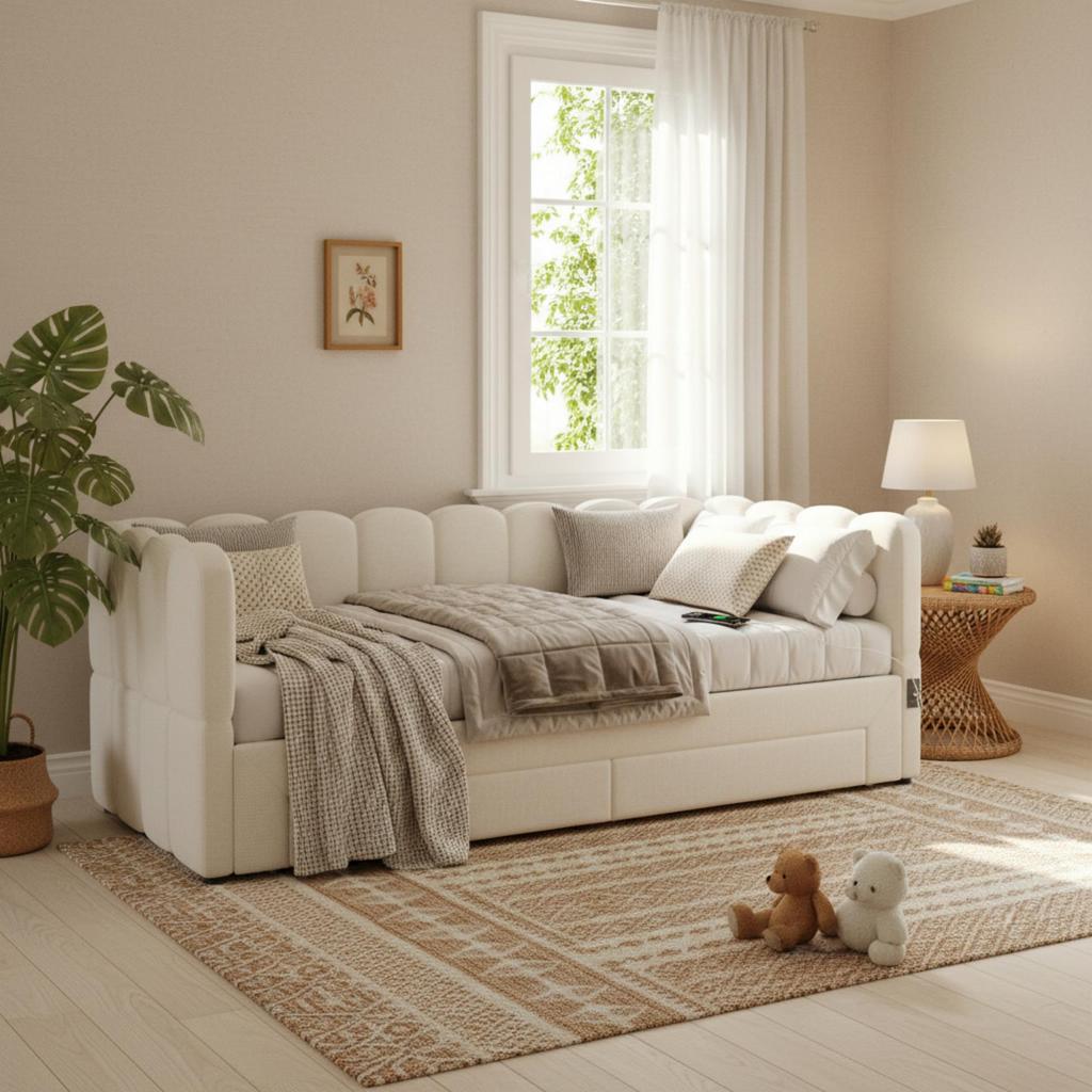 Upholstered Bed, Daybed, Sofa Bed, with 2 Drawers for Storage, Sleeper Sofa, Day Bed 90x190 cm, Extendable to 180 cm, with USB Port, Beige Linen