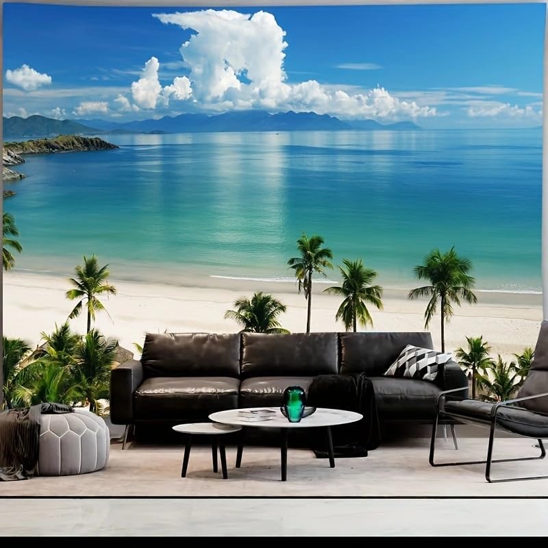 Jmg Household Supplies Unisex White Tropical Beach Tapestry With Palm Trees & Ocean View Serene Island Cloud Wall Hanging For Living Room Bedroom Or Coastal