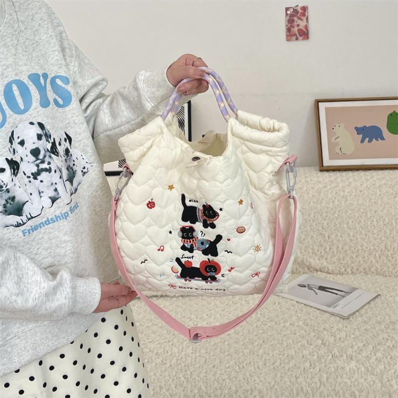 2 Winter embroidered little black cat cute tote bag large capacity shoulder messenger bag quilted quilted cotton tote bag