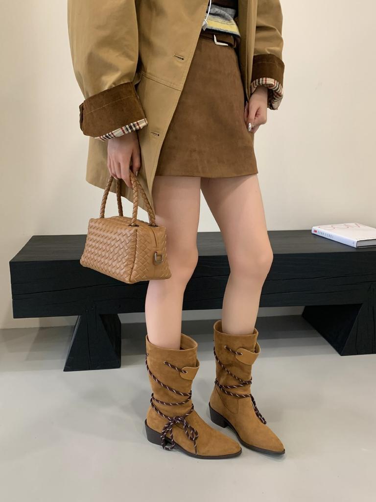 Retro thick heel brown suede medium tube stacking boots women's 2025 new thin boots spring and autumn single boots western short boots