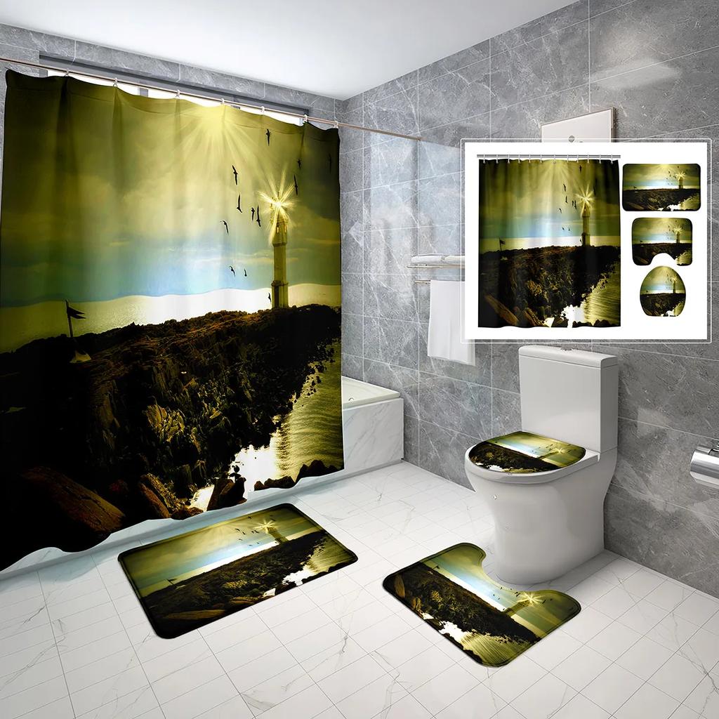 4 Sets Lighthouse Shower Curtain Sets With Non-Slip Bath Mat,Toilet Lid Cover And Coast Seascape Sunrise Shower Curtain Sets